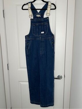 Madewell Blue Straight Leg Overalls with White Wide Leg Stiched Strap Accent